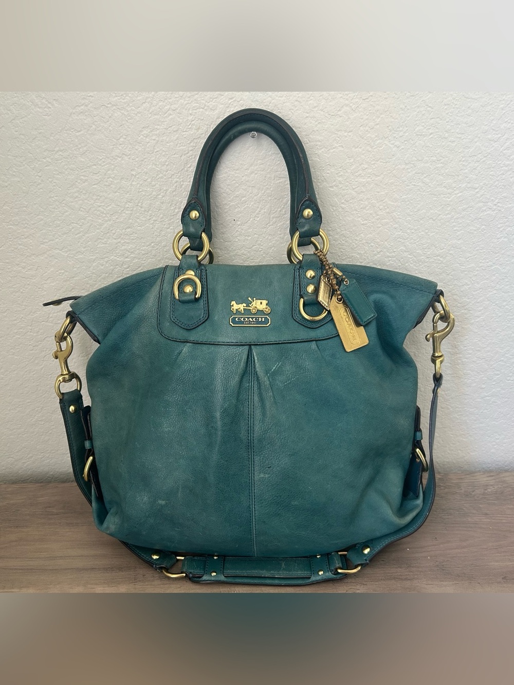 Coach Madison Leather Julianne Tote Teal and Gold Shoulder Bag Purse Handbag - Picture 1 of 12